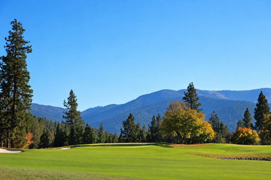 Liberty Lake Golf Course 18th-hole green, pine trees and distant mountains