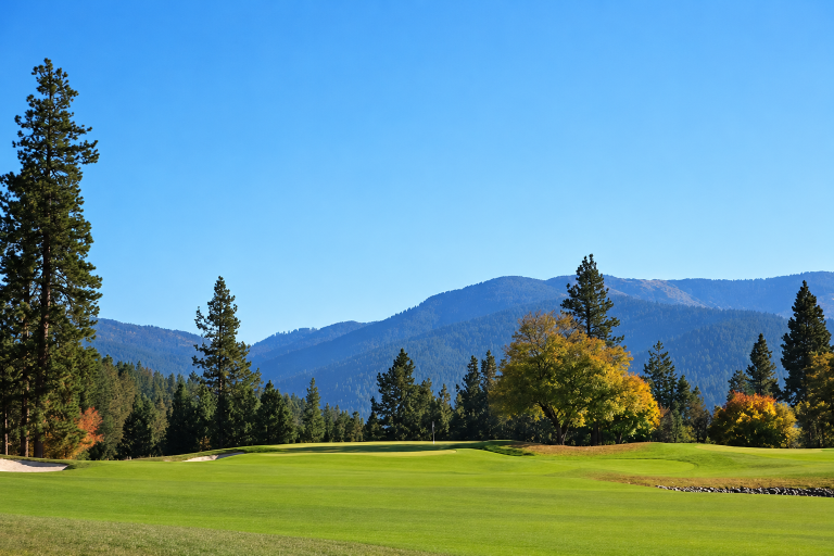 Liberty Lake Golf Course 18th-hole green, pine trees and distant mountains